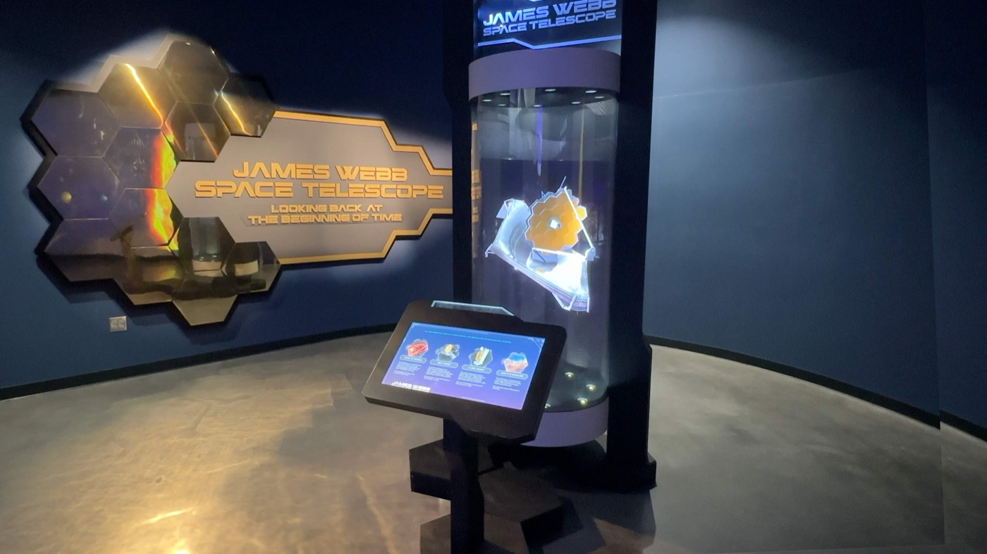 James Webb Space Telescope HoloTube with its touchscreen kiosk at Kennedy Space Center