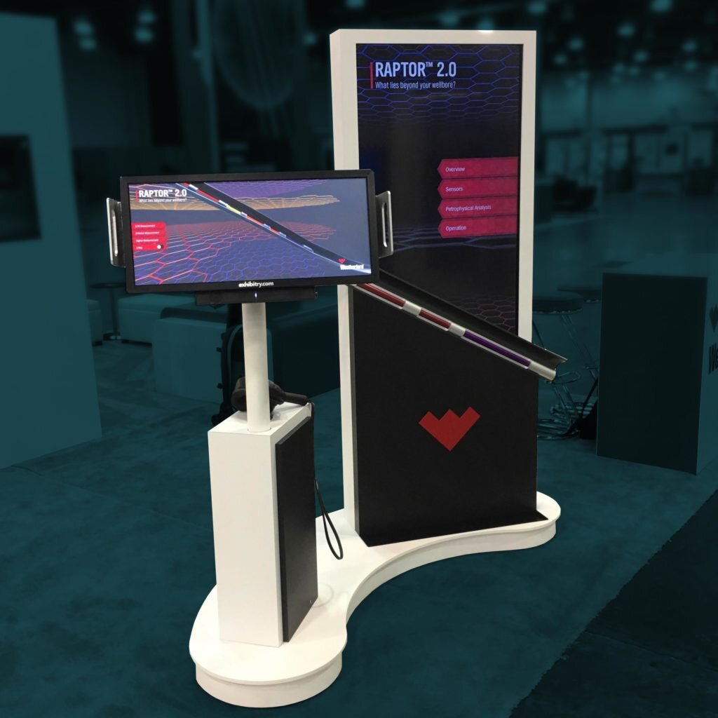 Raptor 2.0 kiosk: a white two-screen station with a red W mark and a physical tool model