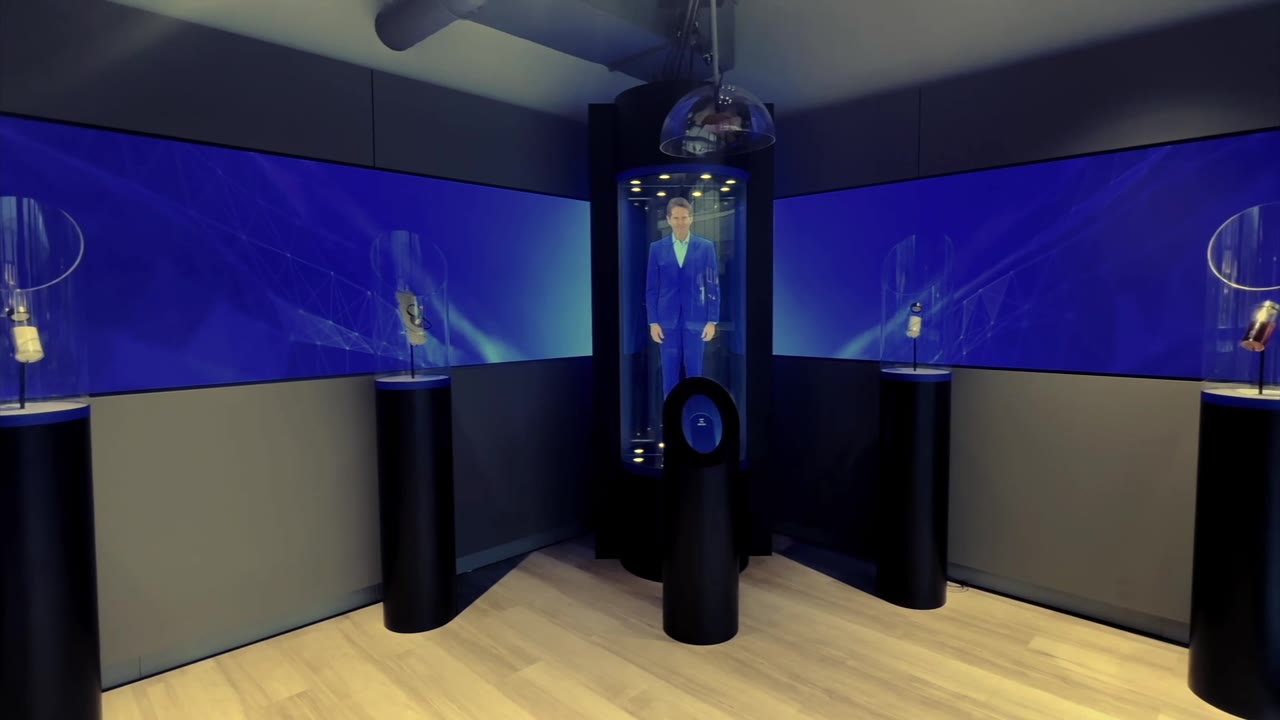 A life-size HoloTube host in a carbon-management exhibit at the Ion Center in Houston